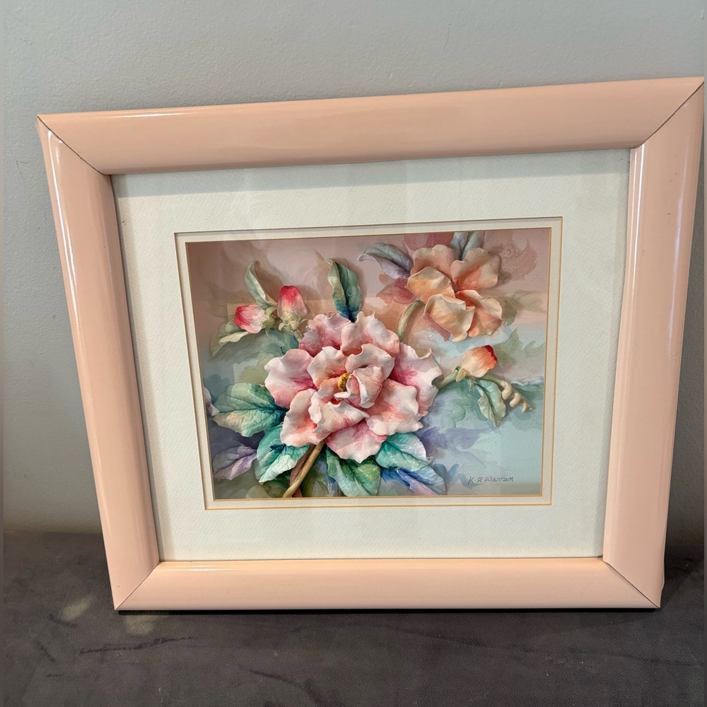 Vintage Framed Floral 3D  Art in Blush Pink Frame